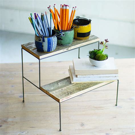 Two Tiered Recycled Wood & Metal Display Stand – 